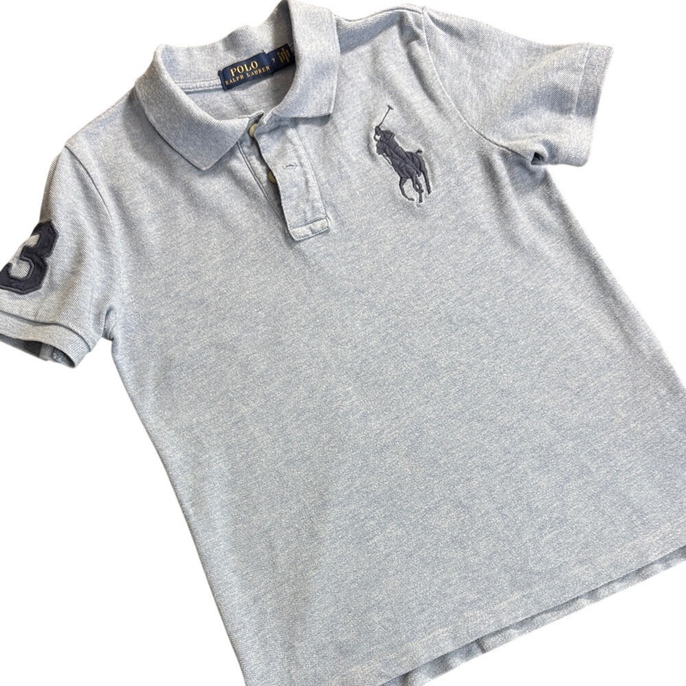 Polo Ralph Lauren Kids Light Blue Mesh Polo Shirt Oversized Logo Size 7 Small